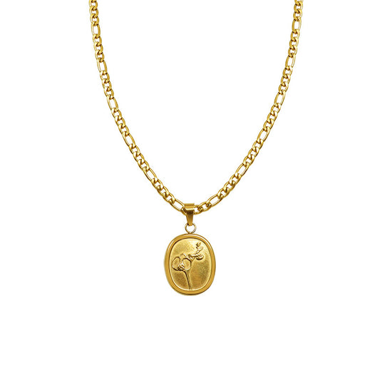 Geometric Oval Pattern Gold Coin Necklace with Rose Accent
