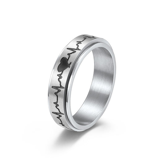 Stainless Steel Rotating Electrocardiogram Couple Ring – Heart Beat Stress-Relief Stainless