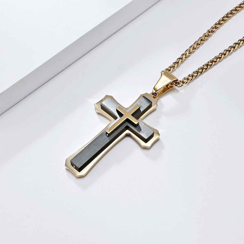 Three-Layer Titanium Steel Cross Pendant Necklace for Men