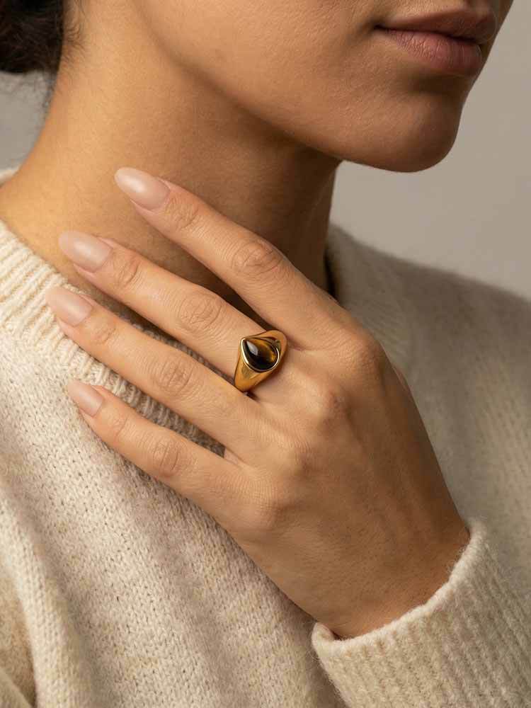 Stainless Steel Water Drop Natural Tiger's Eye Stone Oval Heart-Shaped Dongling Jade Ring