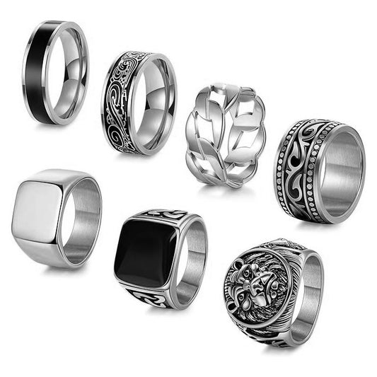 Mens Retro Engraved Lion Head Ring Set by Planderful Everyday Genie Unisex Protection Statement European American Style