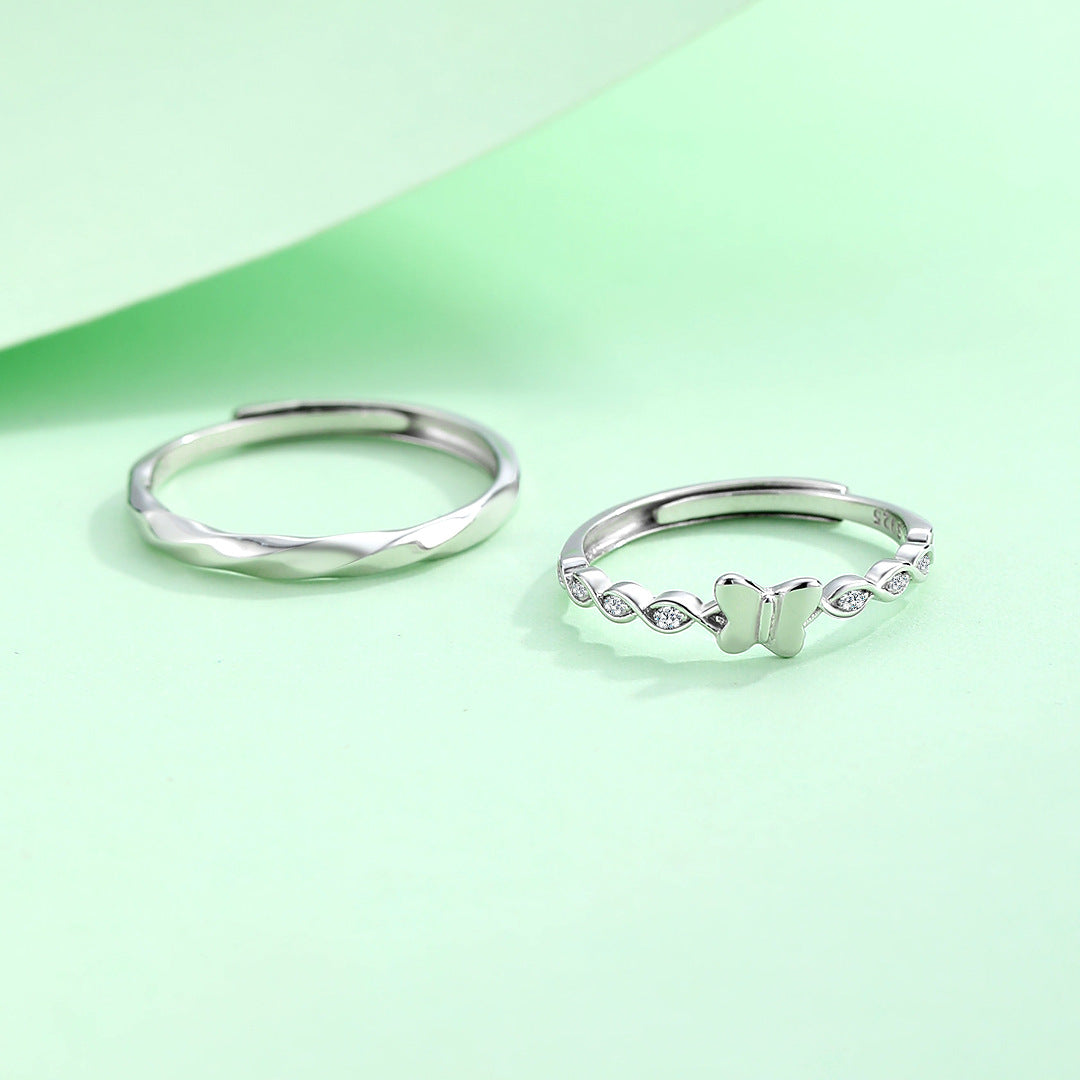 Planderful S925 Sterling Silver Butterfly Couple Ring For Girlfriend Gift Adjustable Twin Set