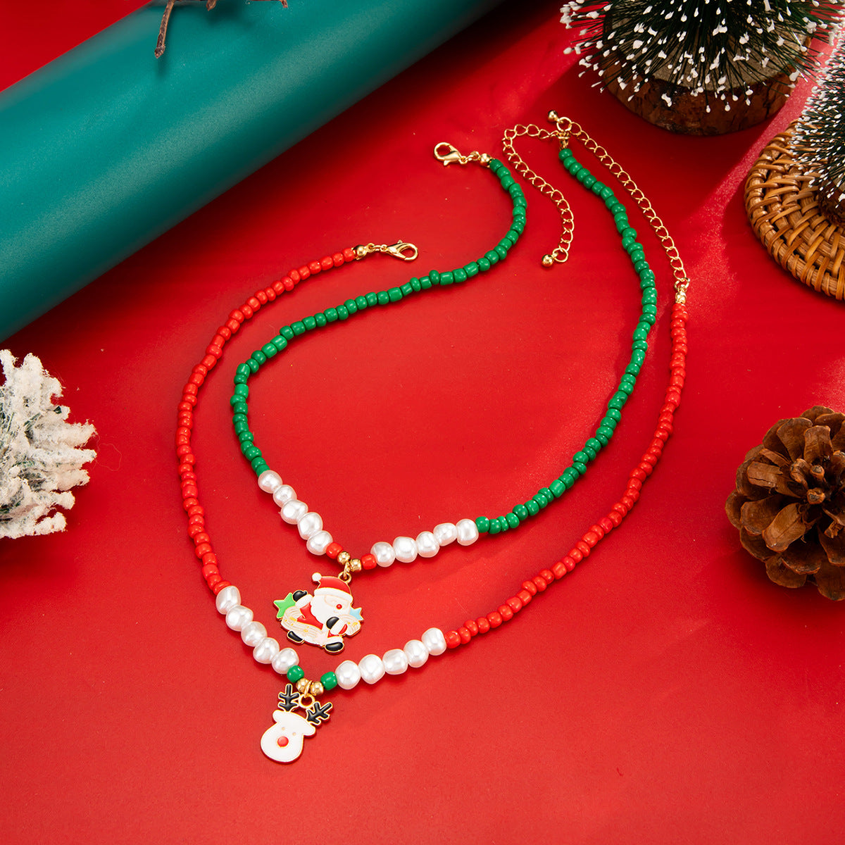 Christmas Santa & Elk Pearl-Style Necklace