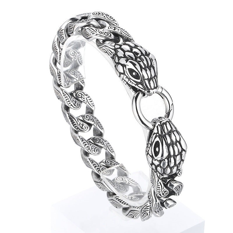 Old Smeared Pattern Snake Head Cuban Chain Bracelet – Punk Style Titanium Steel Men's