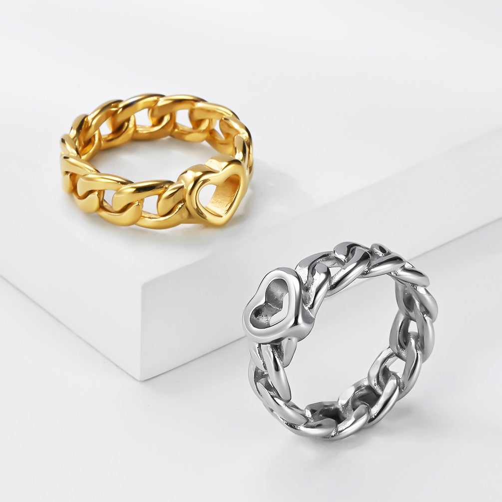 Heart Cuban Chain Gold-Plated Stainless Steel Ring