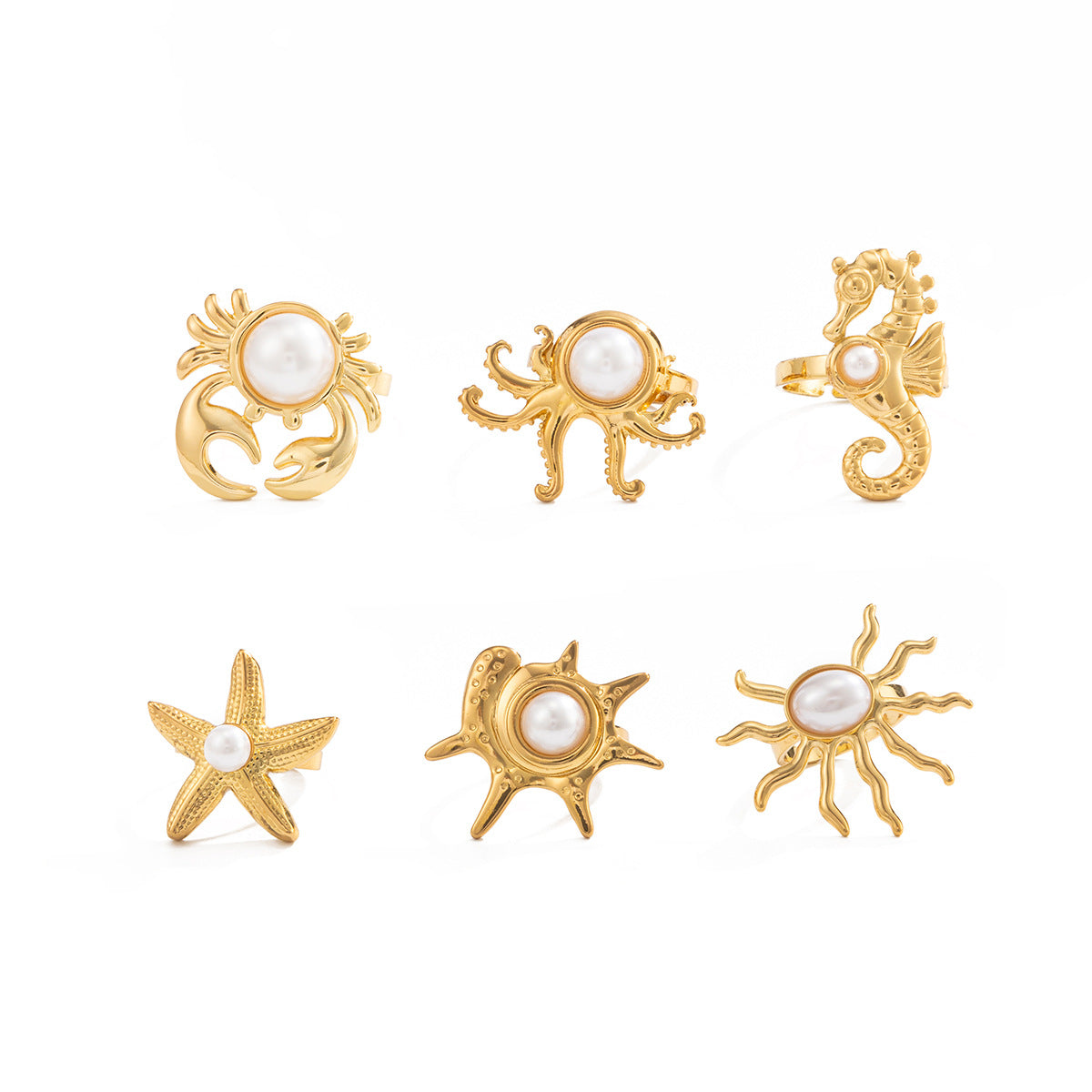 Planderful Ocean Starfish Ring With Imitation Pearl Adjustable Stainless Steel Statement Beach Jewelry For Women