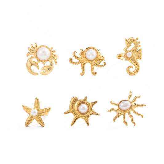 Planderful Ocean Starfish Ring With Imitation Pearl Adjustable Stainless Steel Statement Beach Jewelry For Women