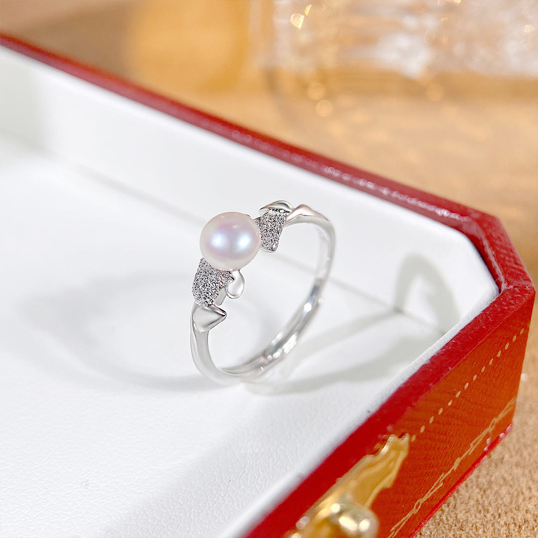S925 Sterling Silver Freshwater Pearl Swan Ring — Adjustable