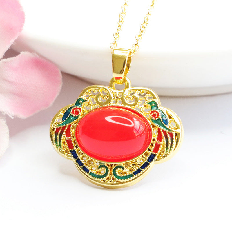 Oval Natural Red Agate Chalcedony Colourful Enamel Magpie Wishful Lock Pendant