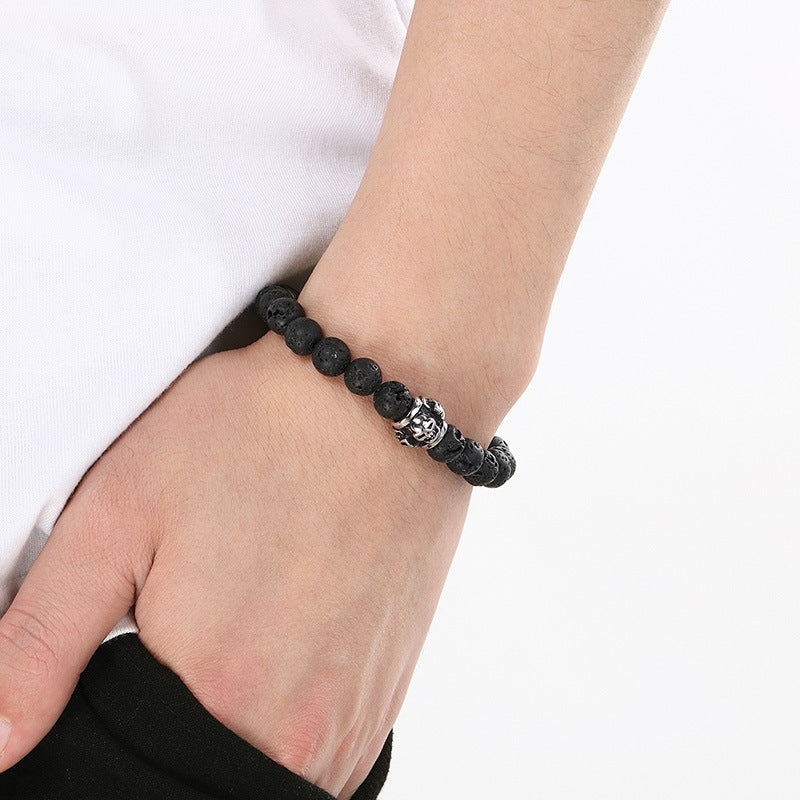 Planderful Men Skull Beaded Elastic Bracelet Volcanic Stone