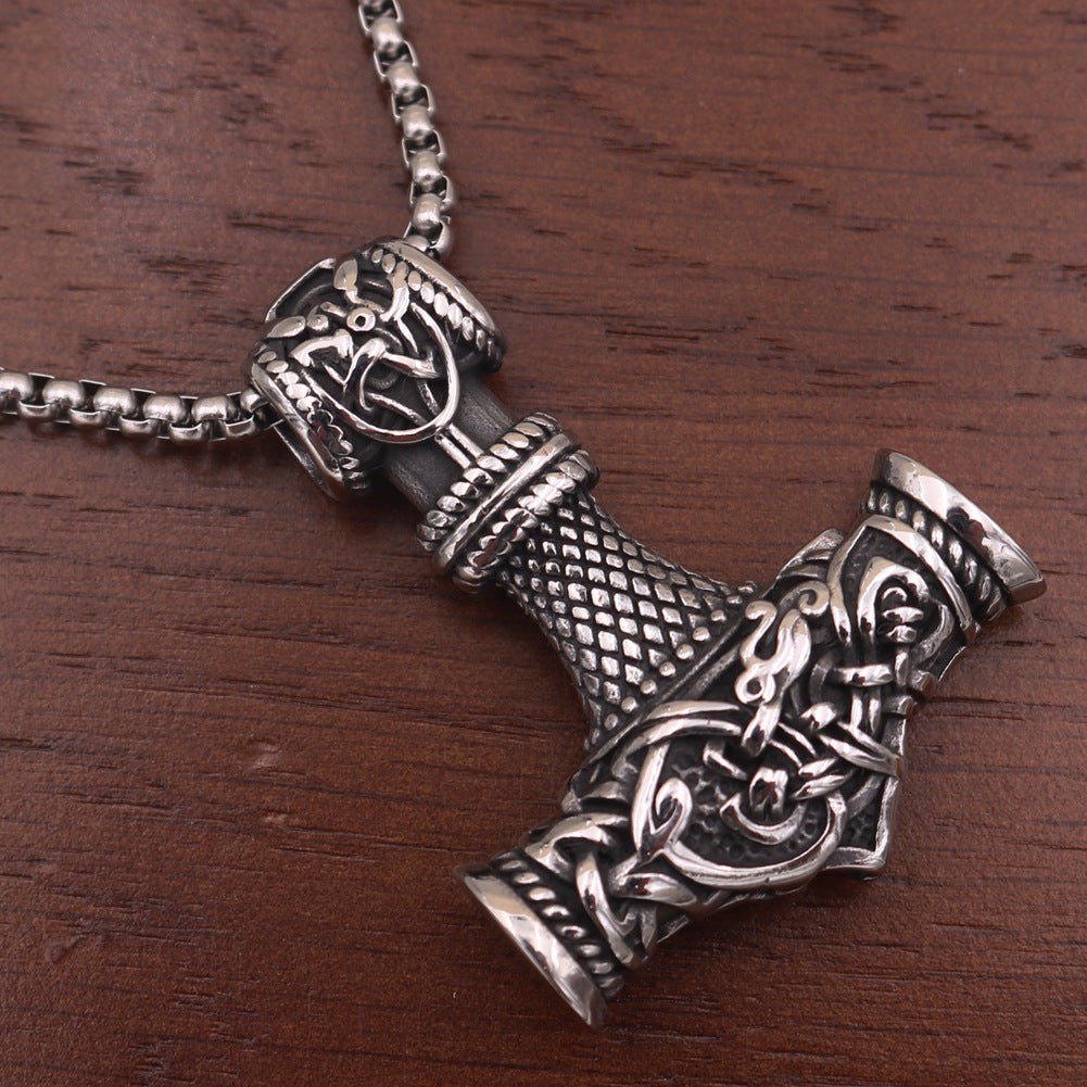 Thor's Hammer Titanium Steel Necklace with Odin Rune Pendant - Men's Nordic Jewelry