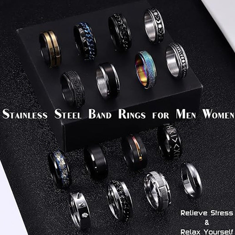 Titanium Steel Ring Set For Men And Women 16 Piece Unisex Anxiety Relief Decompression Jewelry Planderful Collection