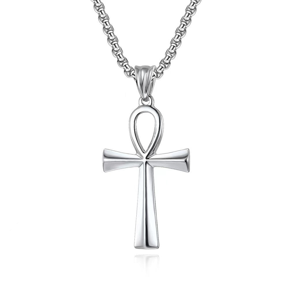 Planderful Everyday Genie Ancient Egyptian Cross Pendant Necklace Unisex Glossy Titanium Steel Jewelry