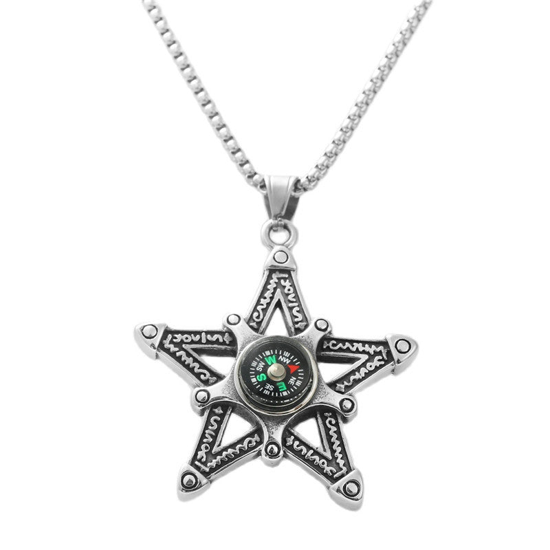 Stylish Titanium Steel Hollow Star Pendant Necklace for Men with Retro Compass Design