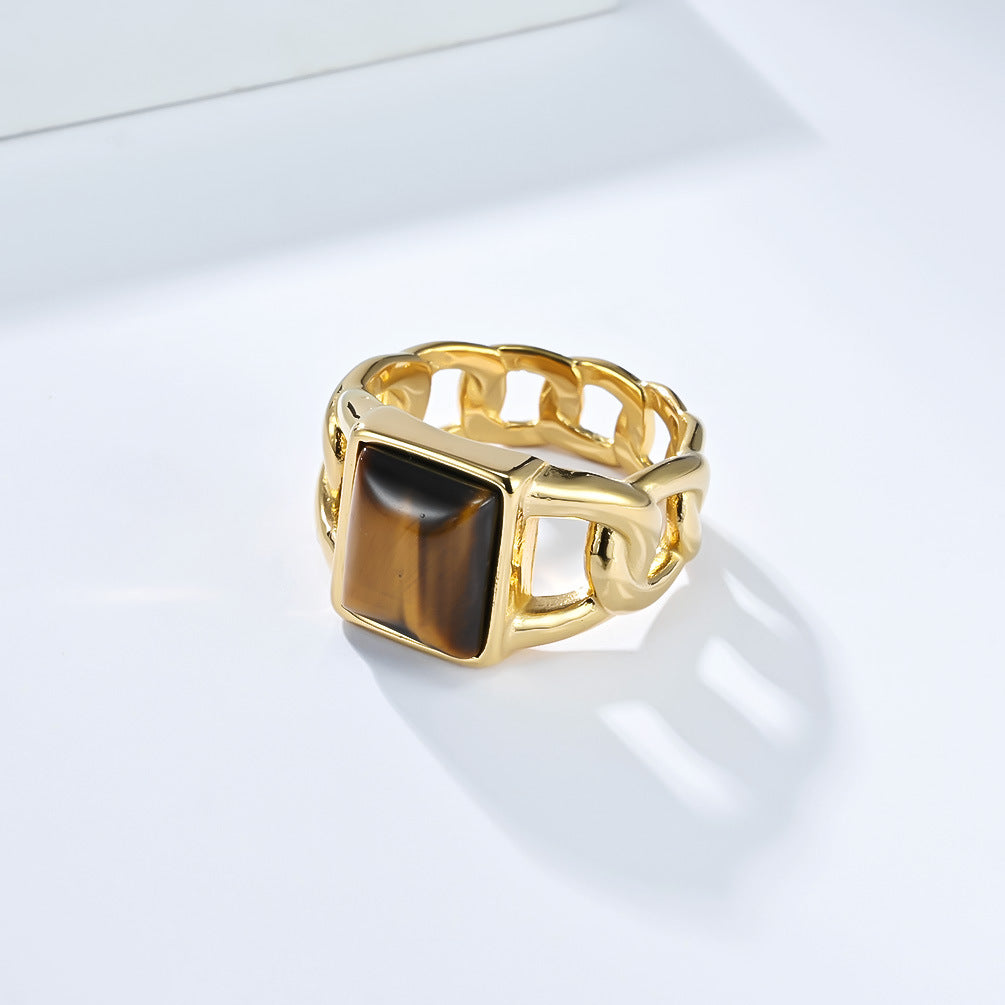 Planderful Everyday Genie Tiger Eye Titanium Steel Ring For Men Geometric Hollow Cuban Chain