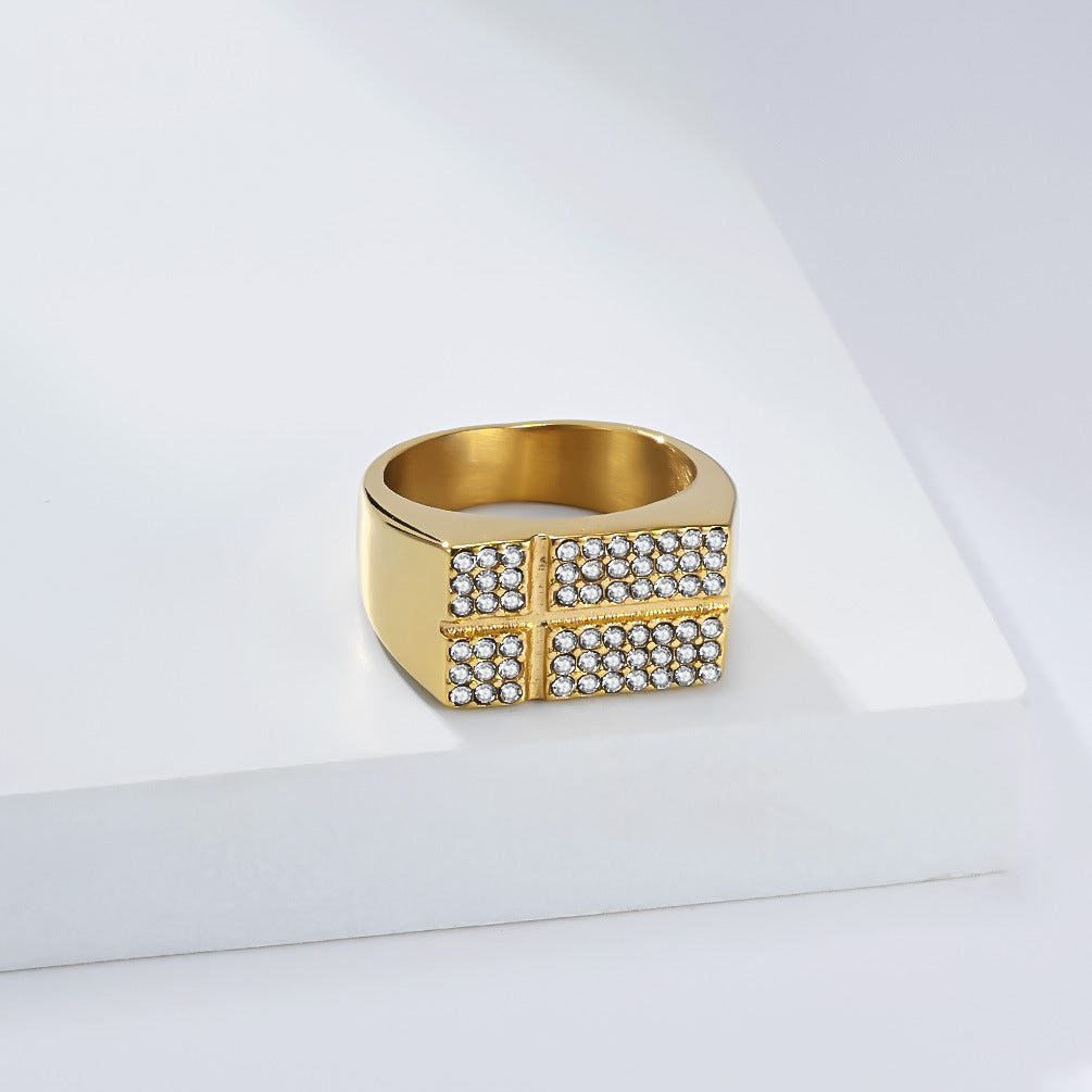 Planderful Everyday Genie Luxurious Titanium Steel Cross Ring Gold Plated Zircon Unisex For Men