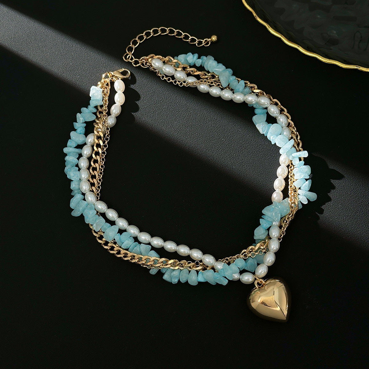 Blue Stone Pearl Heart Wrap Necklace