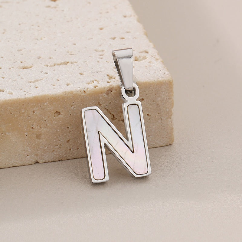 Women's'S Titanium Steel 26-Letter Pendant, White Fritillary Inlaid Stainless Steel Necklace