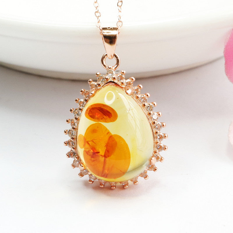 Rose Gold Necklace with Beeswax Amber Pendant and Zircon Halo