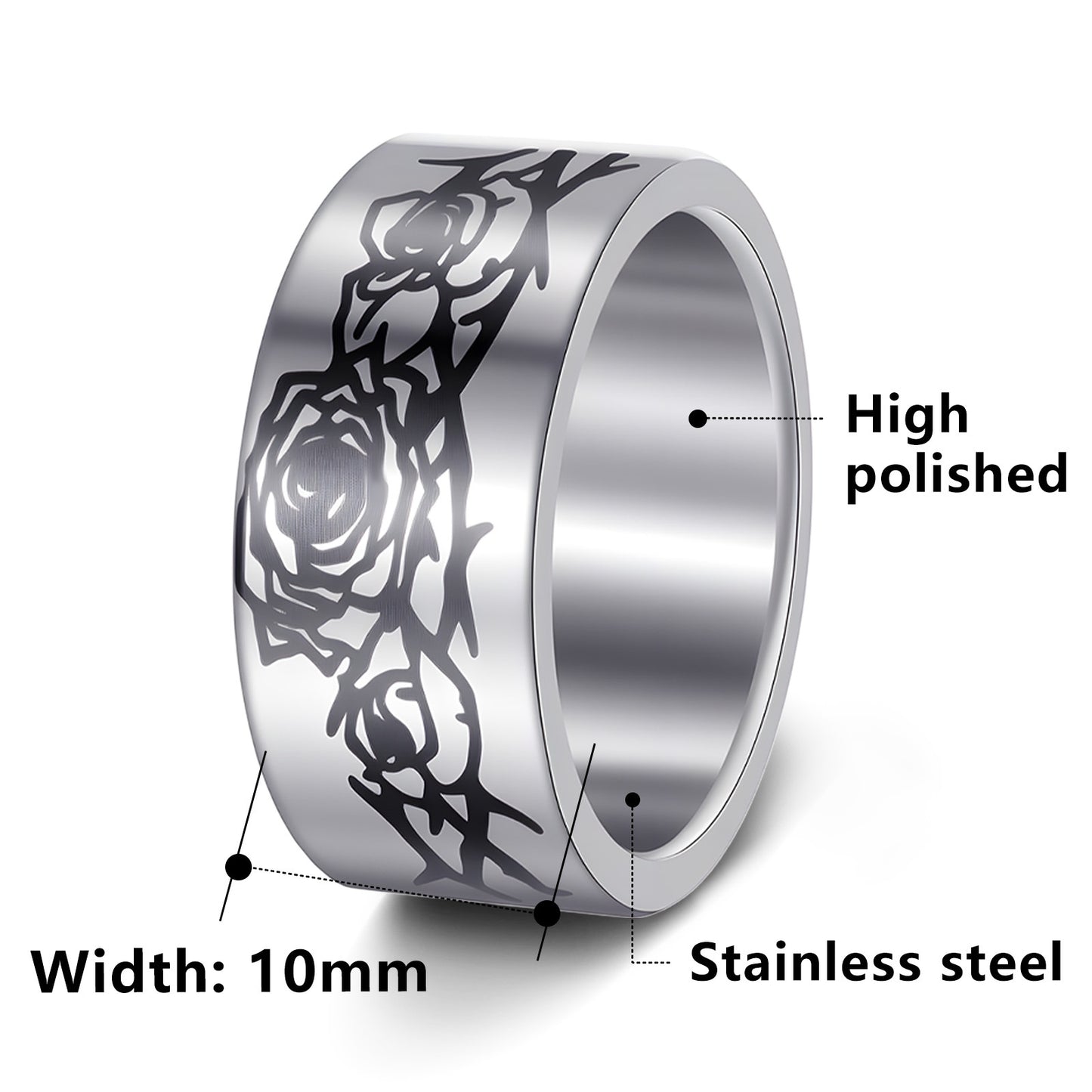 Stainless Steel Ring Planderful Everyday Genie Rose Halloween Pattern for Men Unisex 10mm Protection Statement