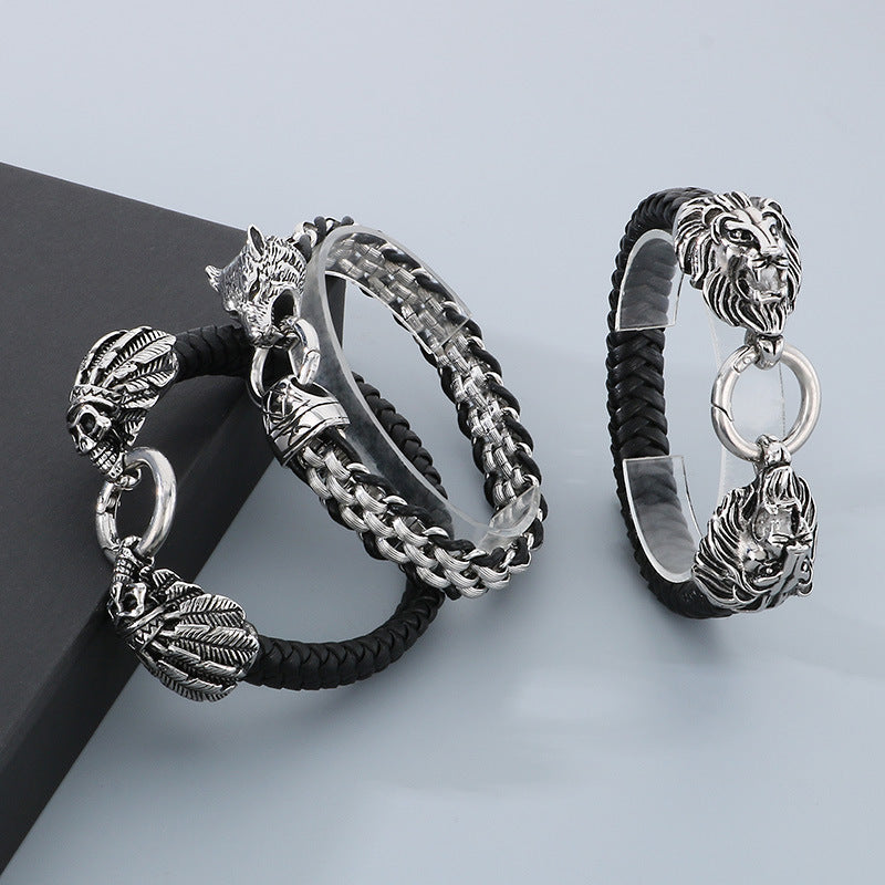 Viking-Inspired Woven Leather Bracelet with Skull Lion and Wolf Head Design for Men
