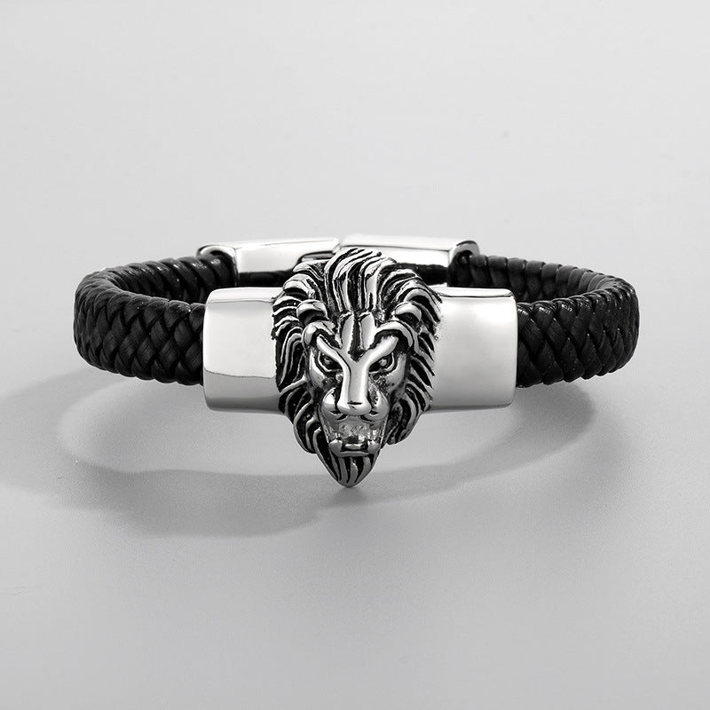 Two-Layer Leather Woven Bracelet – Casting Lion Head Snake Head Ghost Head Titanium