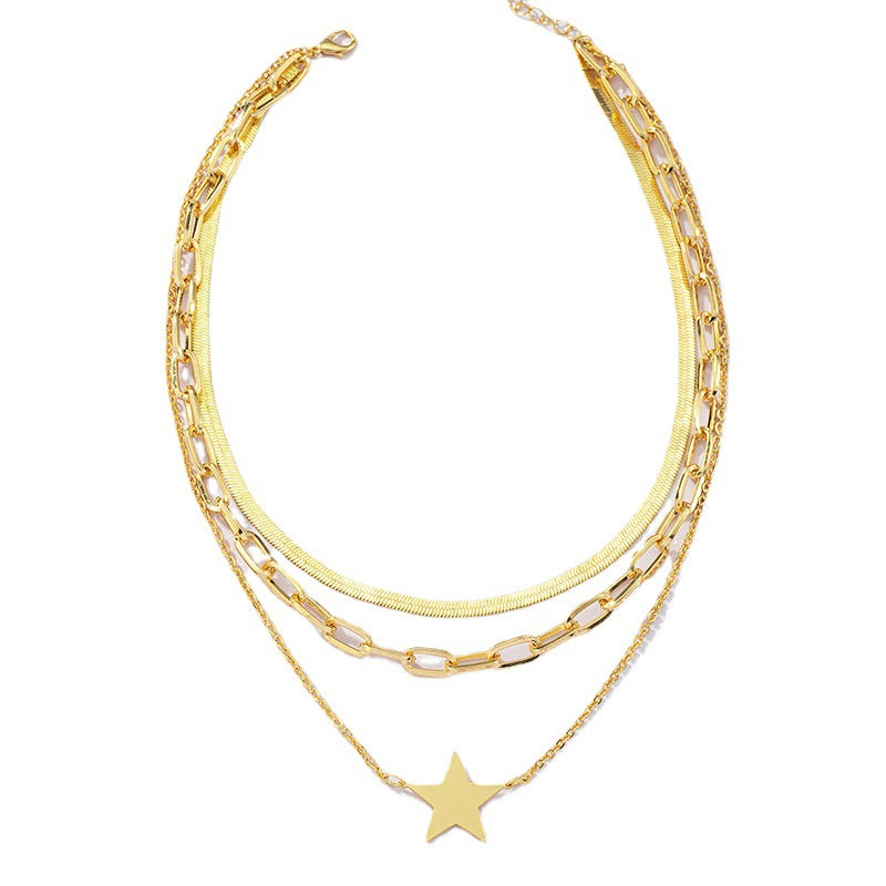 European and American Fashion Necklace with Three-Layer Star Design