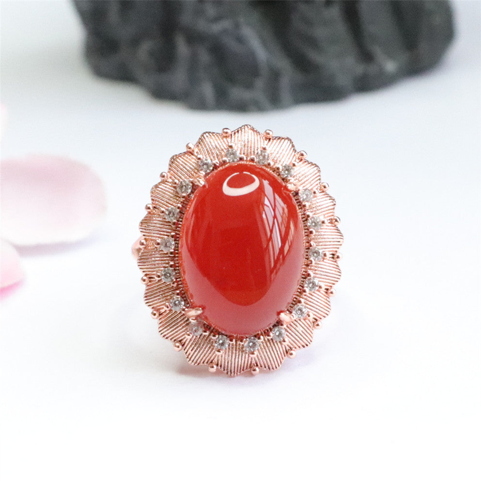 Red Agate Flower Halo Ring with Zircon Jewelry