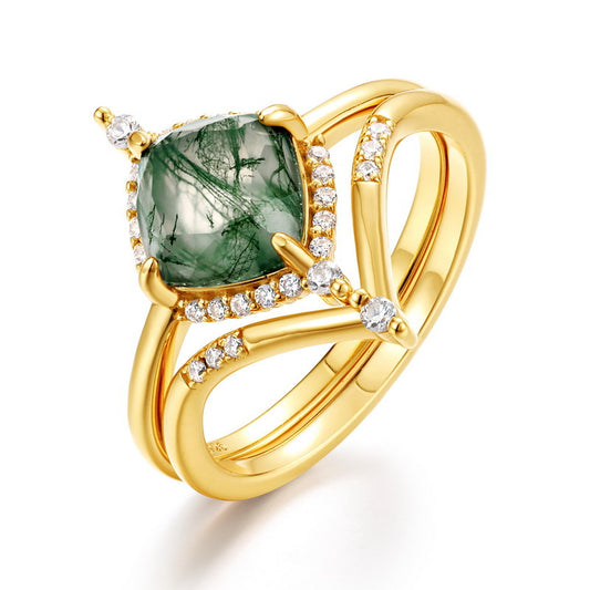 Planderful Jewelry Geometric Aquatic Agate Ring in S925 Silver Gold Plated V Shape