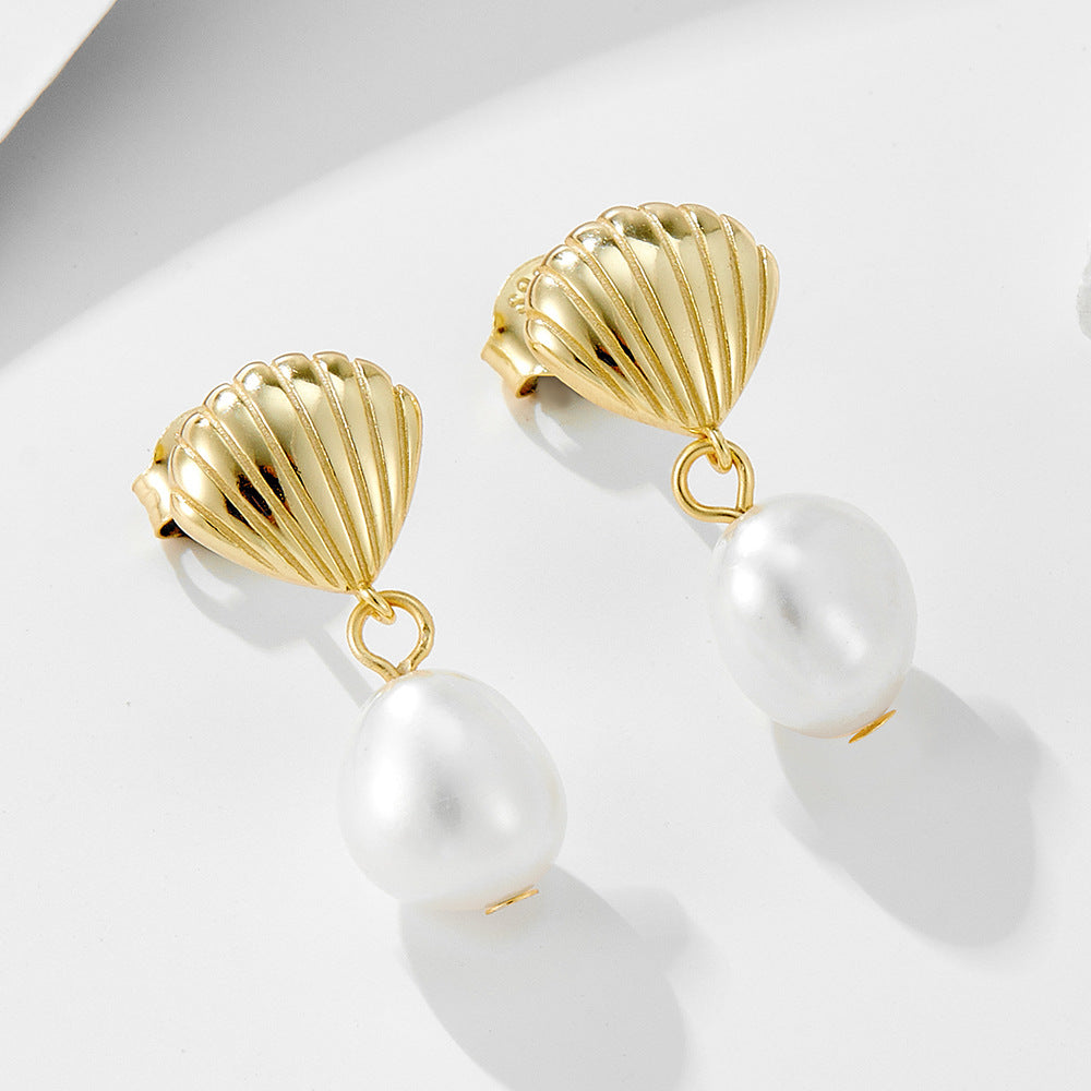 S925 Sterling Silver Shell Natural Irregular Freshwater Pearl Stud Earrings