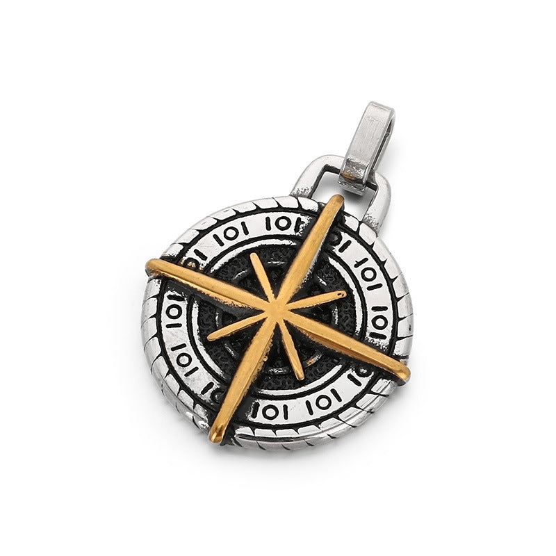 Compass Round, Punk Style Retro Coin Compass Stainless Steel Men's Pendant Necklace