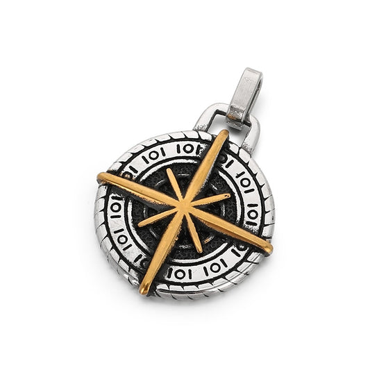 Compass Round, Punk Style Retro Coin Compass Stainless Steel Men's Pendant Necklace