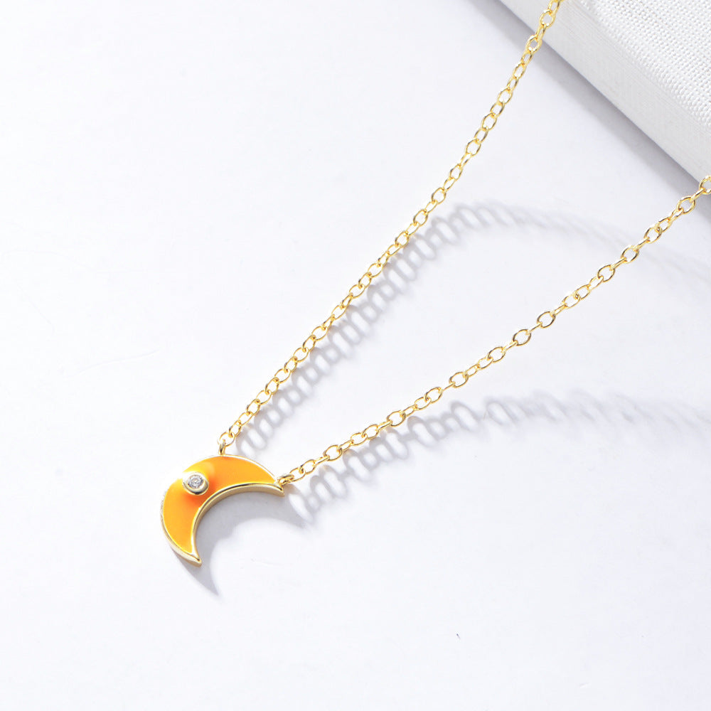 S925 Sterling Silver Women Inlaid Zircon Cold Wind Necklace Epoxy Moon