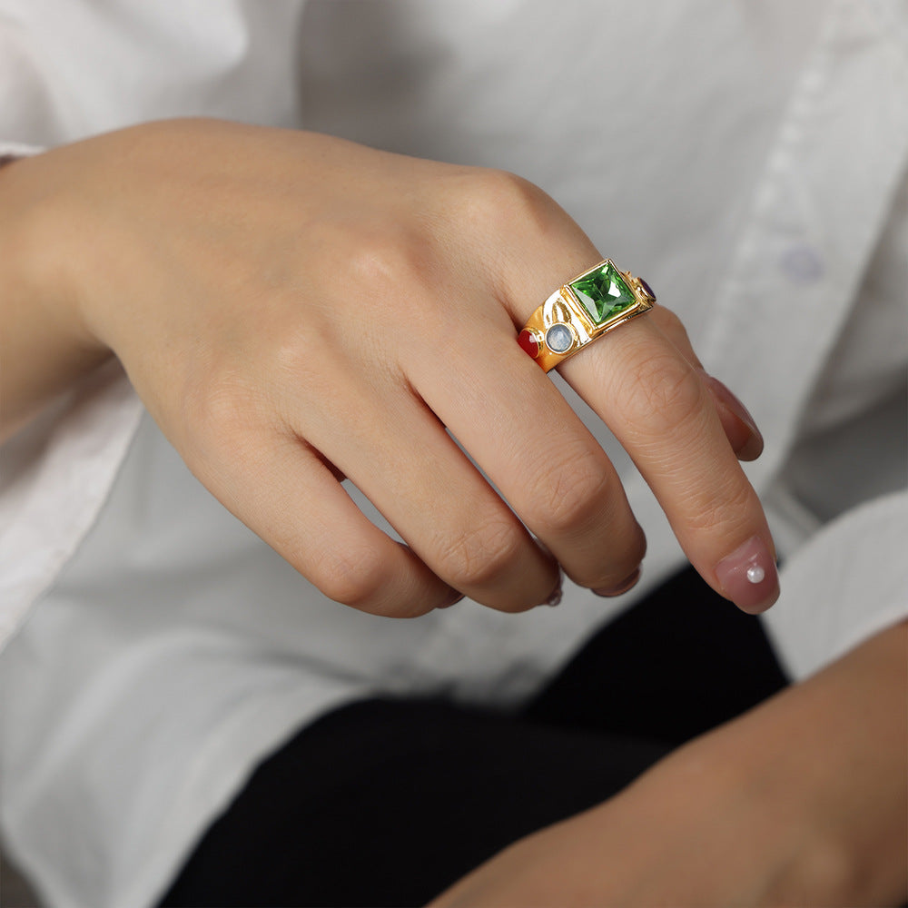 Golden Luxe Zircon Stone Open Ring - Elegant European and American Jewelry