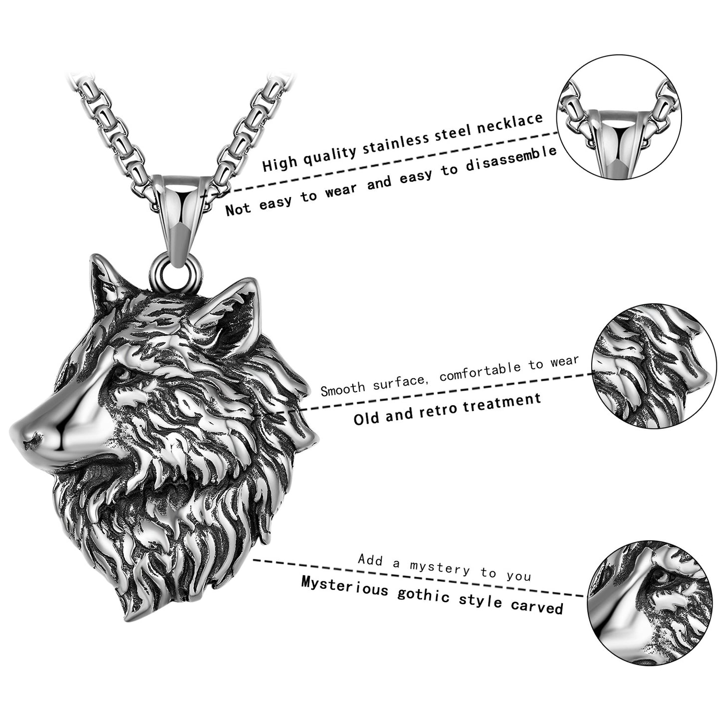 Steel Necklace - Vintage Wolf Head Pendant For Men