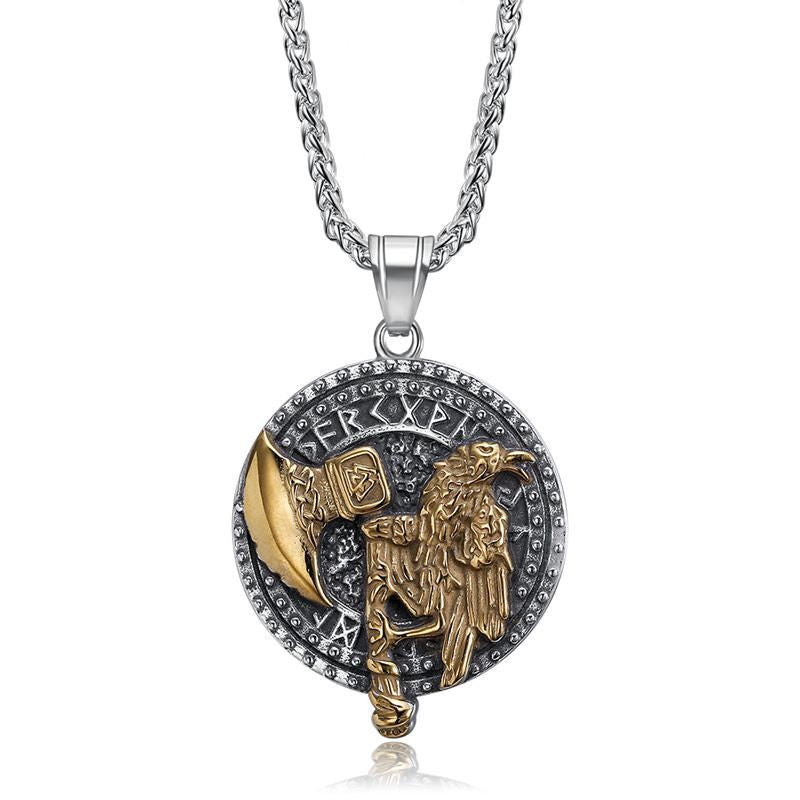 Steel Necklace - Vintage Nordic Viking Raven Tomahawk Pendant For Men With Polished Gold Plated Finish