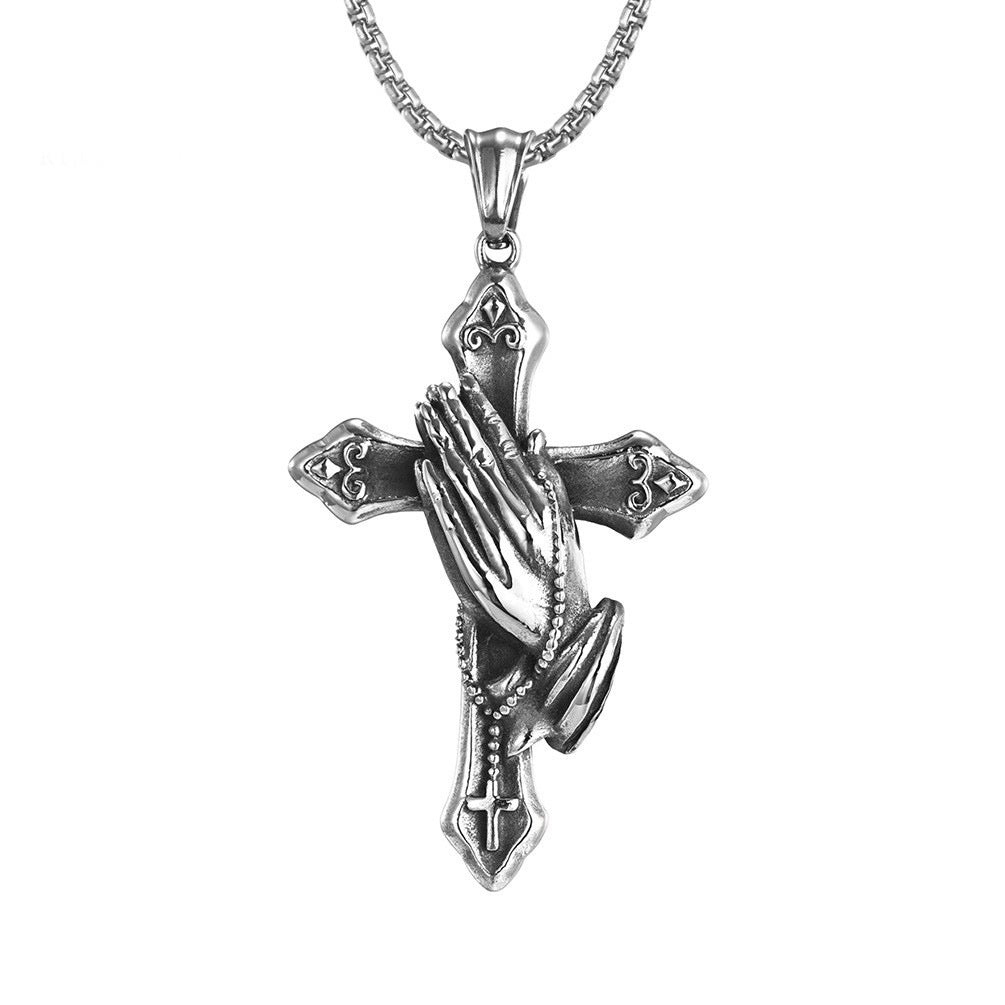 Planderful Retro Prayer Hand Cross Pendant Necklace Does Not Fade Titanium Steel Jewelry For Trendsetters
