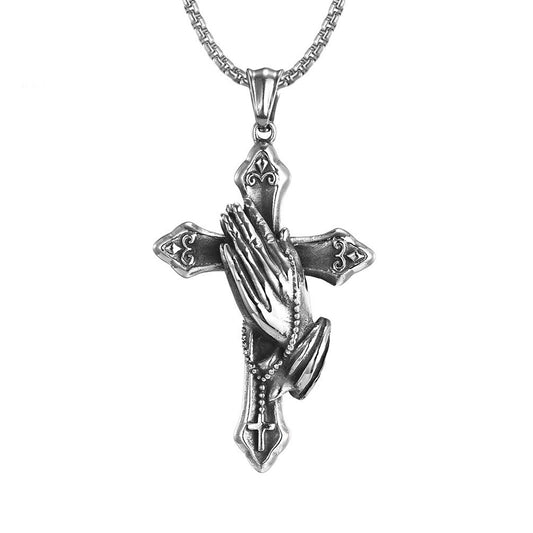 Planderful Retro Prayer Hand Cross Pendant Necklace Does Not Fade Titanium Steel Jewelry For Trendsetters