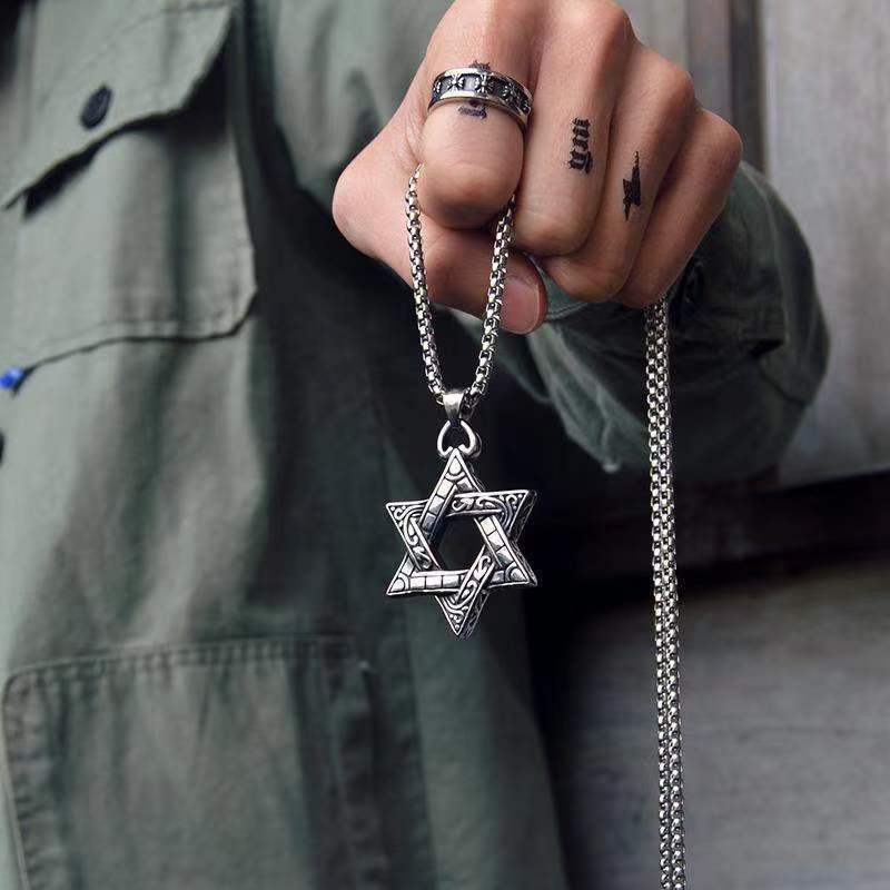 Retro Stainless Steel Men's Pendant Double-Sided Hexagram Necklace