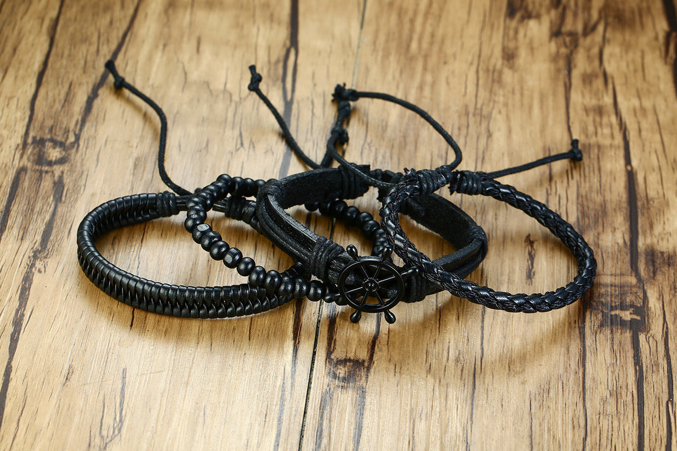 Alloy Rudder Black Wooden Bead PU Leather Woven Bracelet Set
