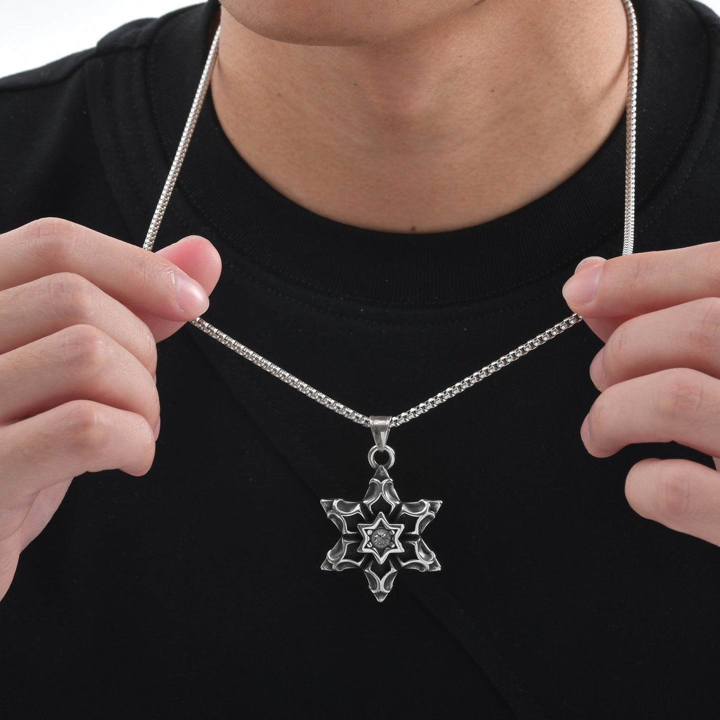 Stainless Steel Hexagram Pendant Necklace Street Art Men's – Titanium Steel