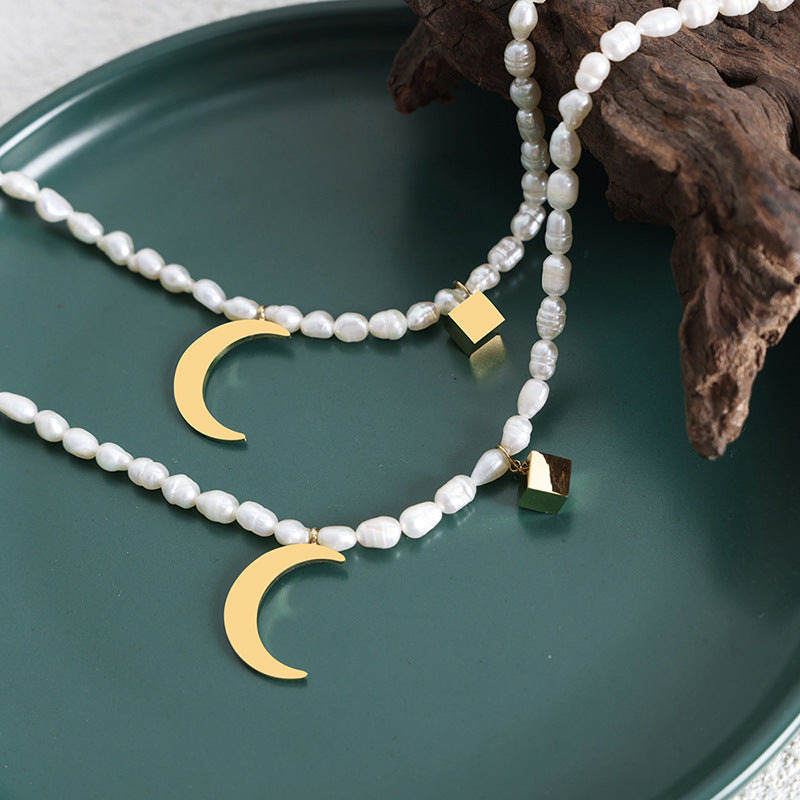 Moonbeam Freshwater Pearl Square Pendant Necklace in Titanium Steel