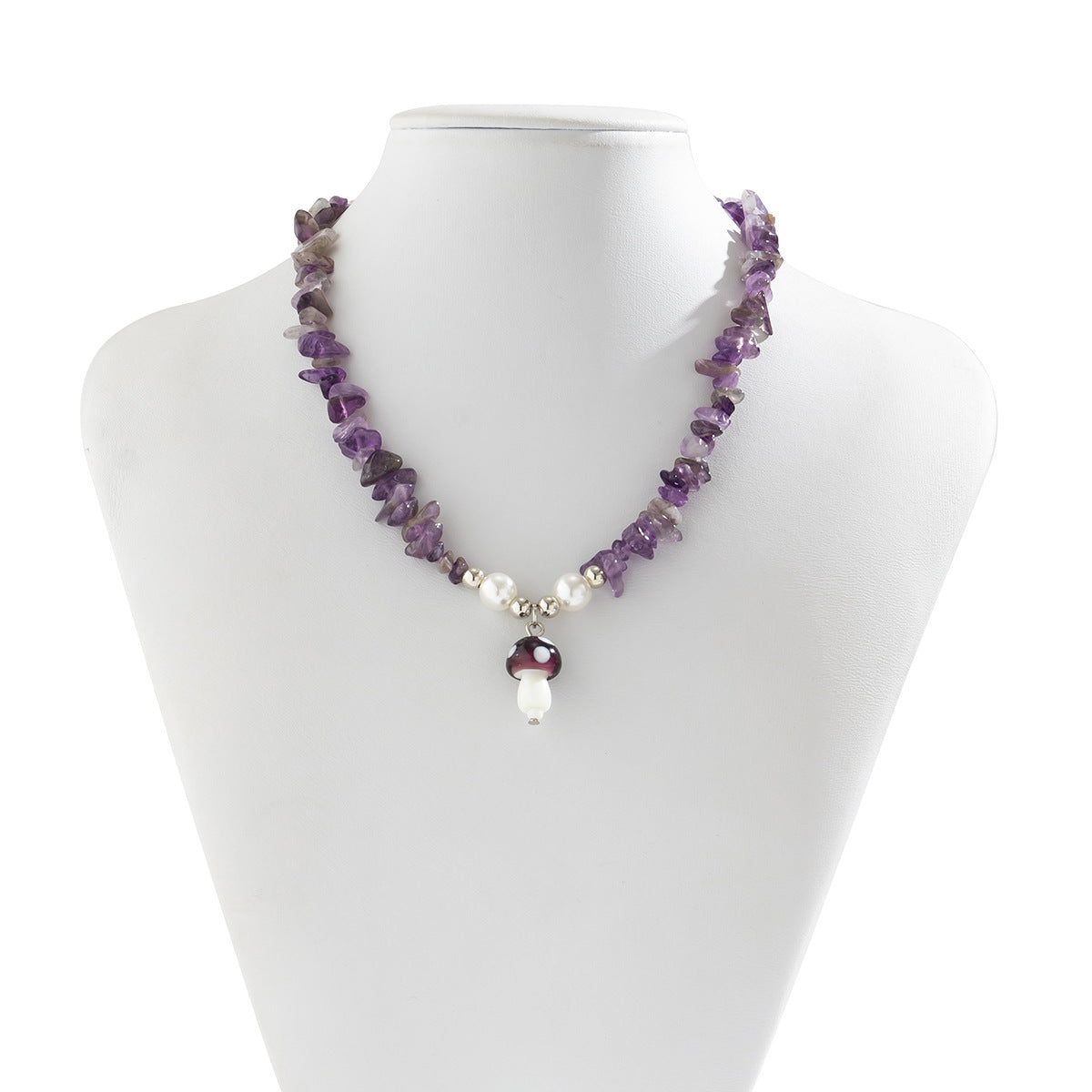 Colorful Irregular Gravel Clavicle Necklace with Dainty Mushroom Pendant