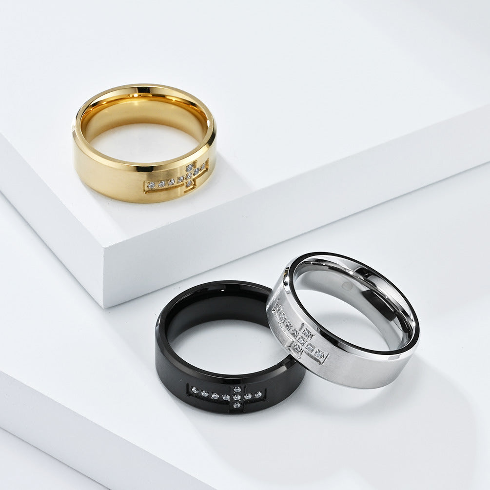 European And American Style Engraving Inlaid Zircon Cross Ring