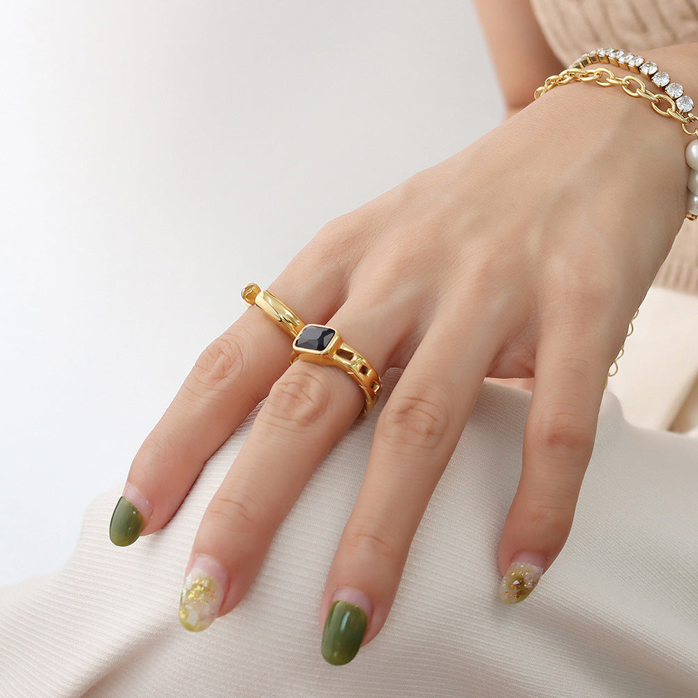 Modern Black Square Zircon Cut Open Ring - Women's Titanium Steel Plated 18K Gold Jewelry