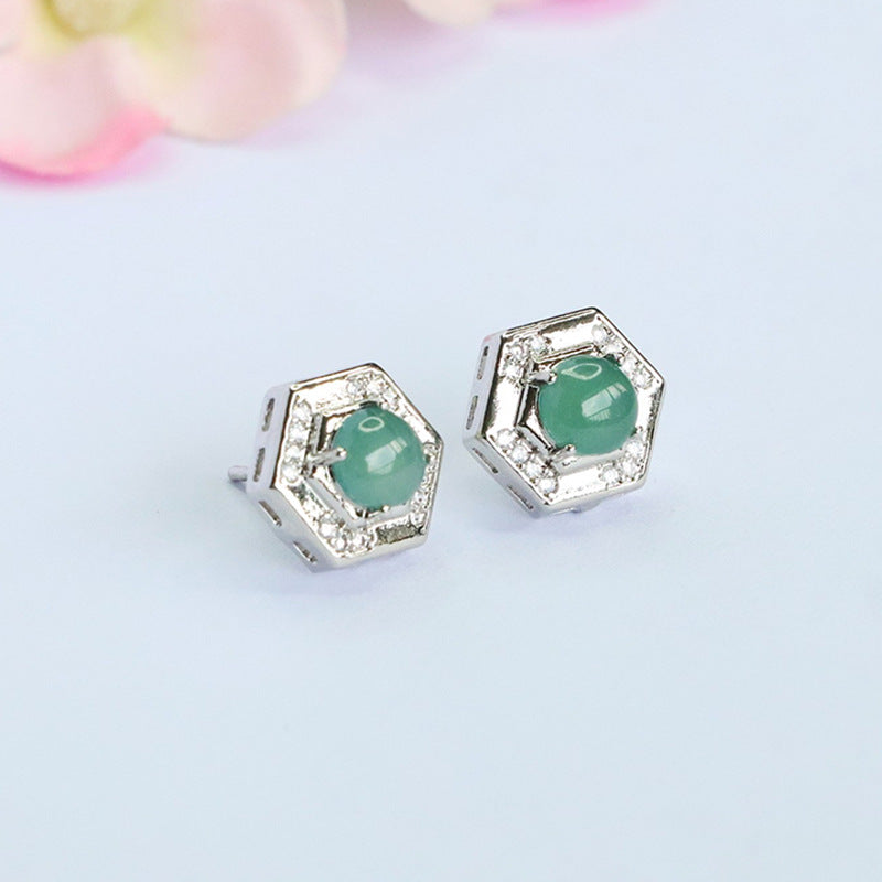 Blue-Water Jadeite Square Halo Stud Earrings