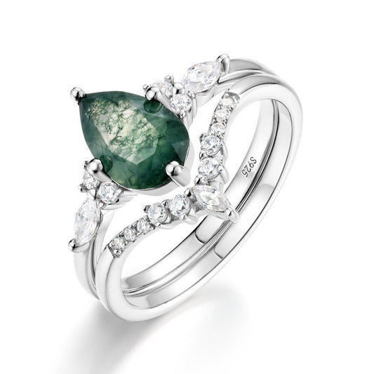 Planderful Jewelry Sterling Silver Moss Agate Ring With V Shape And Elegant Zircon Accents For Everyday Luxury