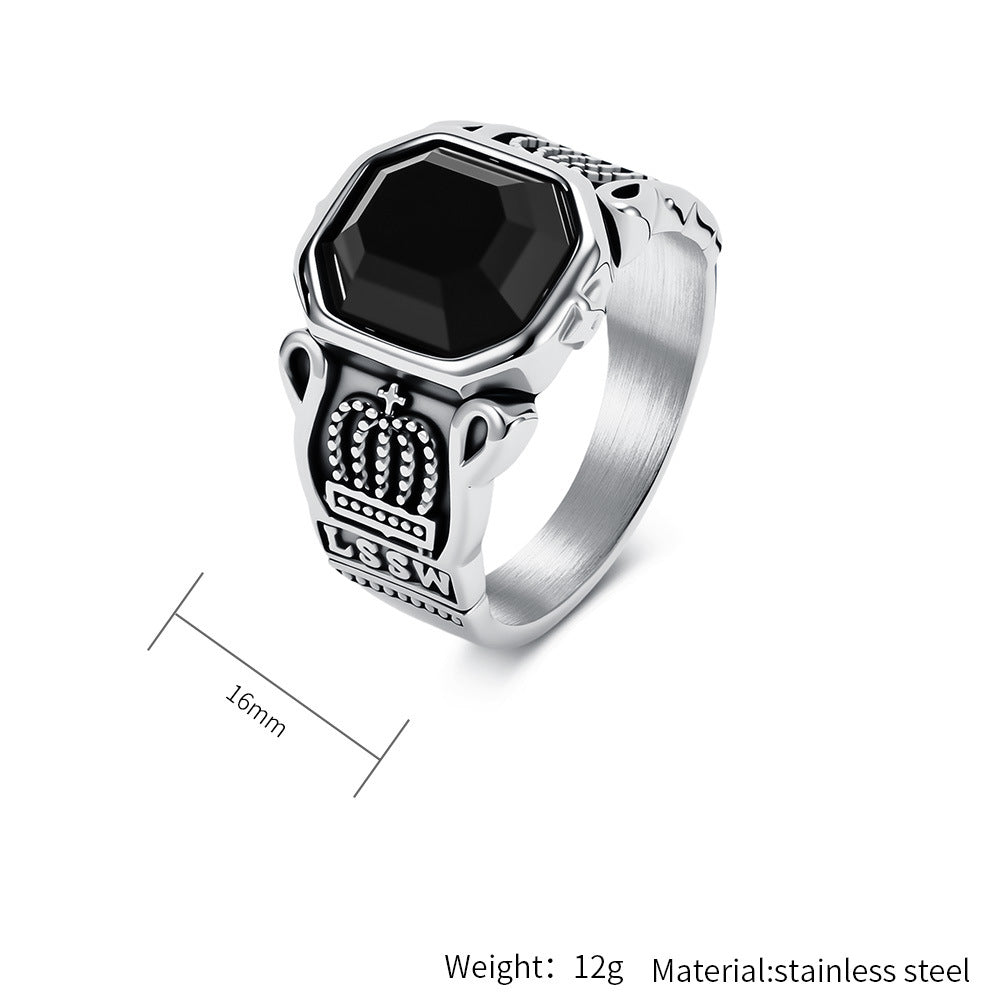 Planderful Titanium Steel Ring Black Stone Crown For Men Bold Statement Retro Street Style High End Jewelry