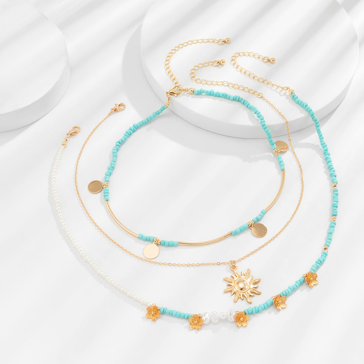 Planderful Vienna Verve Layered Imitation Pearl Necklace With Sequined Bead Flower Pendant For Fashion Forward Women