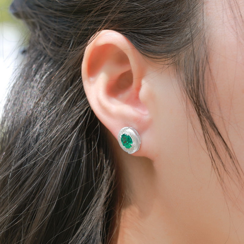 S925 Sterling Silver Lab-Grown Emerald Oval Stud Earrings